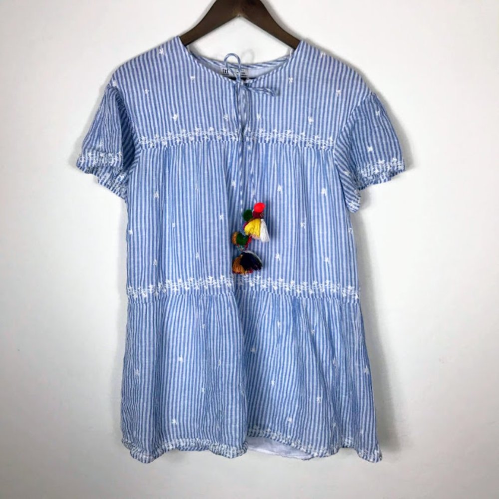 Zara White Blue Stripe Hobo Shirt with Pom Poms S